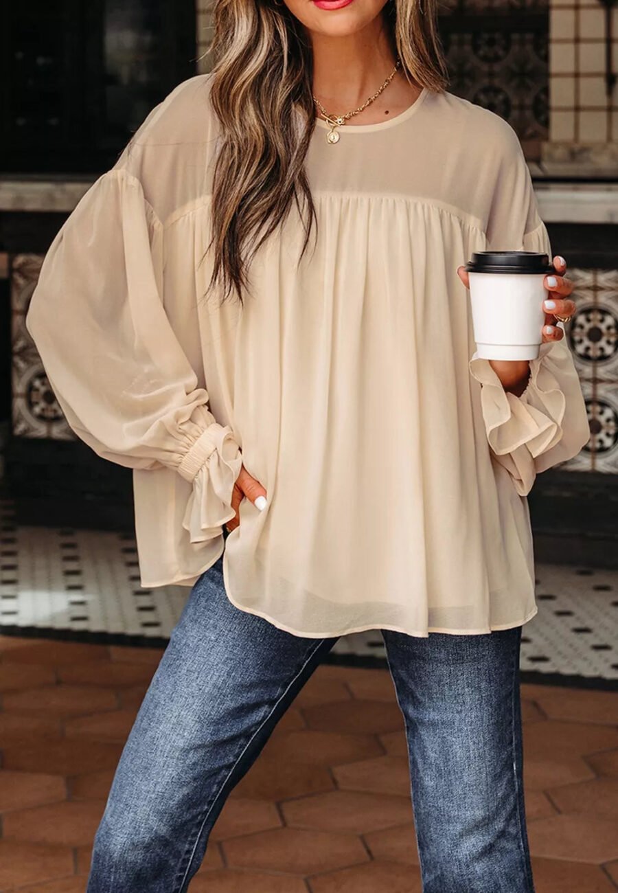 Contour Relaxed Fit Ruffle Sleeve Blouse - Beige - Long Sleeve