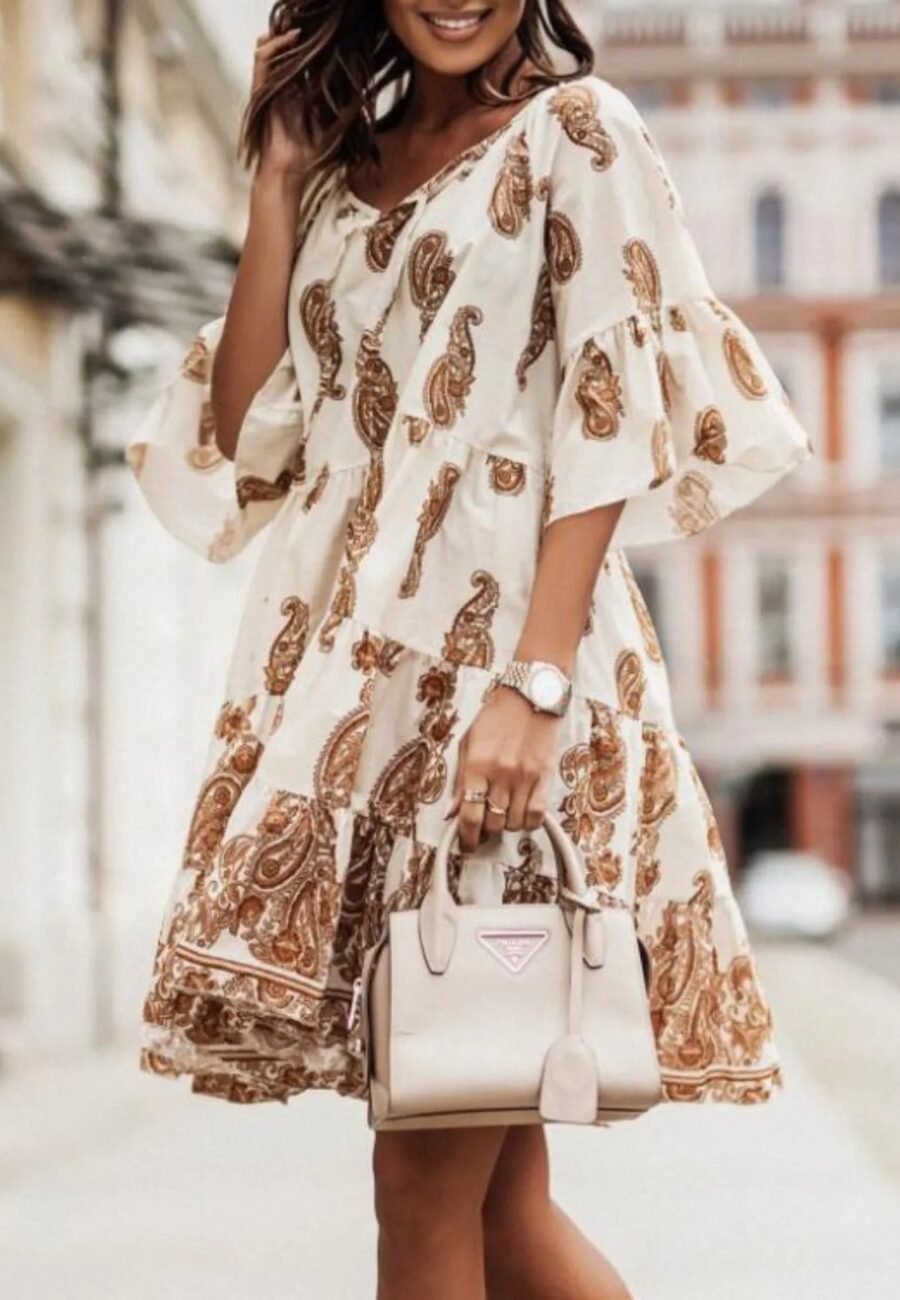 Paisley Print Tie Neck Half Sleeve Mini Dress