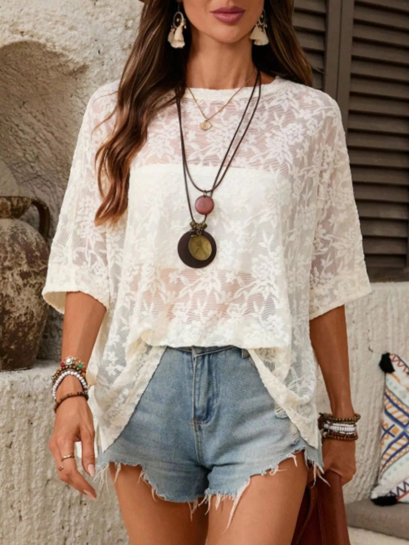Half-Sleeve Lace Top | Sheer Floral Round Neck Blouse White & Black - Image 2