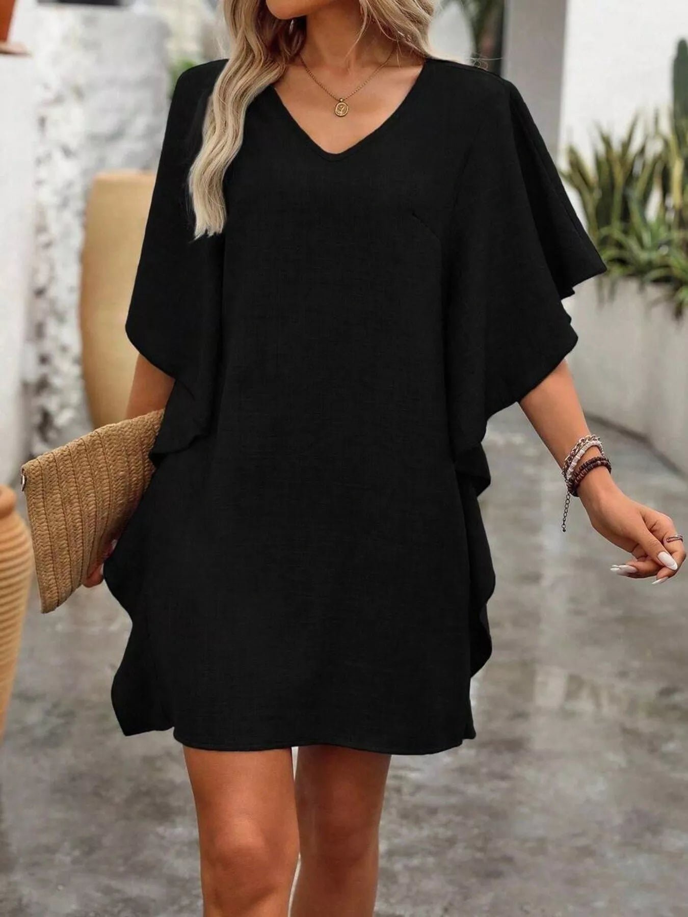 Ruffled Flutter Sleeve V-Neck Mini Dress - Image 5