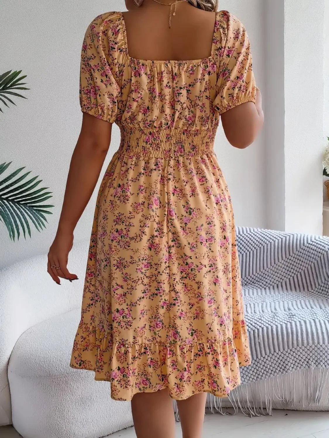 Floral Puff Sleeve Ruffled Hem Boho Dress - Image 11