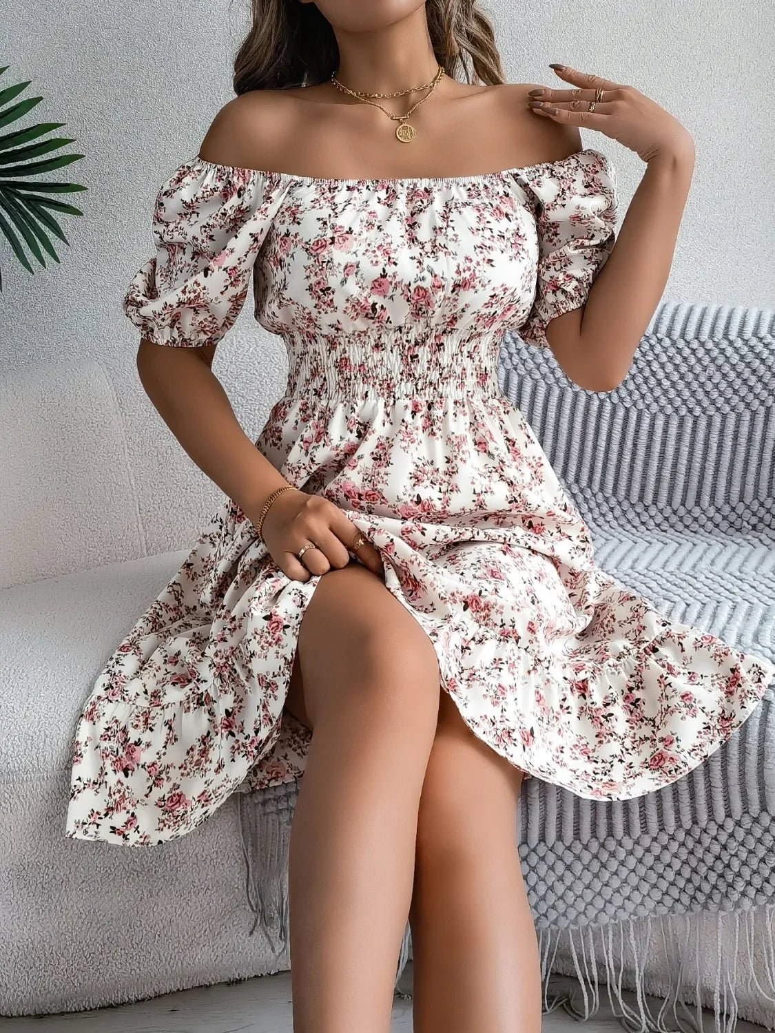 Floral Puff Sleeve Ruffled Hem Boho Dress - Image 12