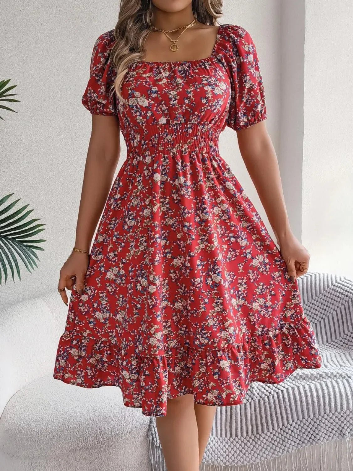 Floral Puff Sleeve Ruffled Hem Boho Dress