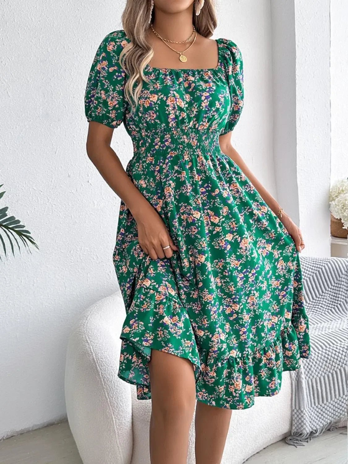 Floral Puff Sleeve Ruffled Hem Boho Dress - Image 6