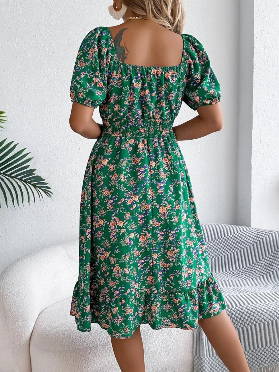 Floral Puff Sleeve Ruffled Hem Boho Dress - Image 7
