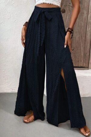 Tie Waist Wide Leg Pants with Slit: Dark Navy